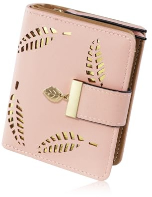 FuninCrea Porte - Monnaie Femme avec Feuille Creuse, Portefeuille en Cuir PU pour Femme avec Plusieurs Fentes pour Cartes, Double Portefeuille Pliant, Porte - Monnaie avec Fermeture (Rose-S)