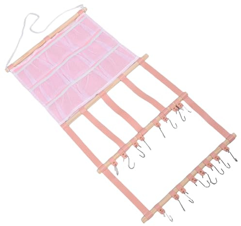 MUELODSIC Soporte Organizador de Accesorios Cabello de Niñas, Colgador de Pared 4 Bolsas de Tela y 16 Ganchos de Acero Inoxidable, Almacenamiento para Pinzas, Lazos y Diademas Rosa, Adecuado