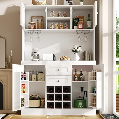 Merax Tall Kitchen Cabinet, 4 Door Kitchen Storage Cupboard,Sideboard/Buffet Cabinet for Kitchen,Dining Room & Living Room,with 2 Drawers,Adjustable Shelves & Wine Rack,120x40x188cm,White