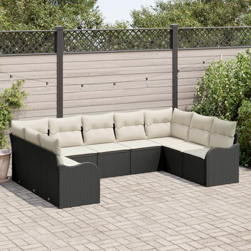 IBUQDDV 9-teiliges Garten Sofa Set mit Kissen schwarzes Poly Rattan, Ecksofa ohne Tisch für 6 Personen, wetterfestes Lounge Set mit abnehmbaren Bezügen, verstellbaren Füßen