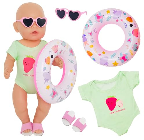 4 Stück Schwimm-Set für Puppen, Sommer Puppenkleidung für 35 - 45 cm Puppen mit Badeanzug Schwimmring Sonnenbrille und Sandalen, Badeanzug mit Erdbeer-Print für 14-17 Zoll Baby Schwimmpuppe