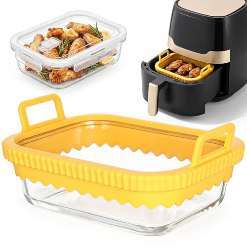 Cozary Pirofila Vetro per Friggitrice ad Aria con Manico in Silicone e Coperchio, 21x16x6.5 cm, Teglia in Vetro Borosilicato Resistente al Calore 400°C, Riutilizzabile, Facile da Pulire