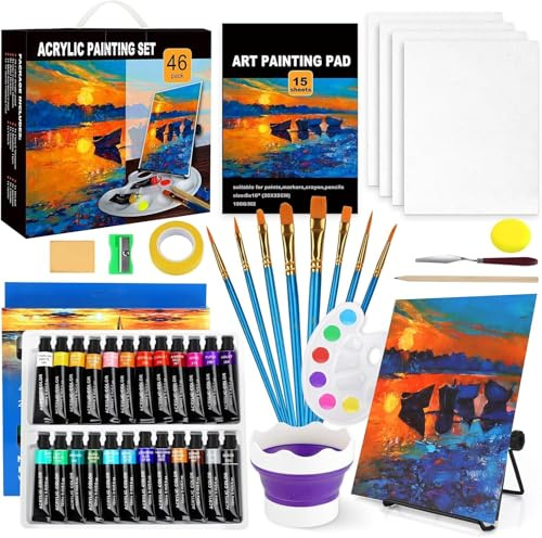 Kit de Peinture Acrylique,Chevalet Peinture Acrylique,24 Peinture,4 Panneaux de toile,8 Pinceaux,Palette,Spatul,Toile,Chevalet,Kit de Peinture pour Artistes,Débutants