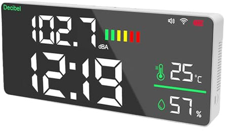 Aoresac Schallpegelmesser, Lärmmesser, Dezibelmesser, 11 Zoll Großes LED-Display, WiFi-App, 4-in-1-Temperatur- und Luftfeuchtigkeitsuhr, 30 Bis 130 DB, Wandmontage, Tischplatte mi