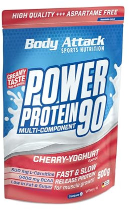Body Attack POWER PROTEIN 90 - Cherry Yoghurt - 500g Beutel - Mehrkomponenten Protein Pulver, Made in Germany - Mit BCAA, Vitaminen & L-Carnitin - Protein Shake extra cremiger Geschmack