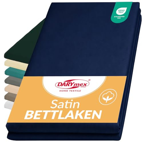 Darymex Flaches Laken ohne Gummizug - 160 x 220 cm - Baumwoll-Satin Betttuch - Glatt - Glänzend - Marineblau
