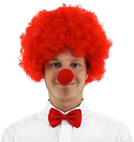 ROTE Afro PERÜCKE MIT Einer ROTEN Fliege UND Einer ROTEN Schaumstoff Nase= VON ILOVEFANCYDRESS