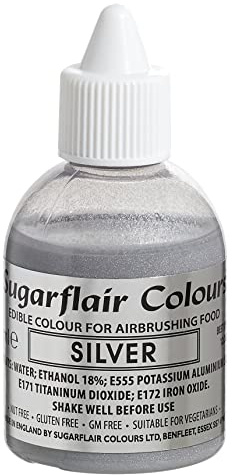 Sugarflair Silver Metallic Glitter Edible Airbrush Colour - Edible Food Colouring Airbrush Paint for Cakes, Cupcakes, Icing and Cake Decorations - 60ml