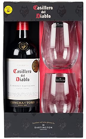Casillero del Diablo Wine & Dartington Stemless Glasses Gift Set by Blue Tree Gifts, Includes 1x750ml Cabernet Sauvignon 13.5% ABV and 2x Stemless Dartington Wine Glasses