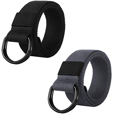 ITIEZY Cinturón de Lona Hombre, 2 Paquetes Cinturones Militar Ajustable Todo-Fósforo con Hebilla de Anillo en D Negro para Hombres Mujeres
