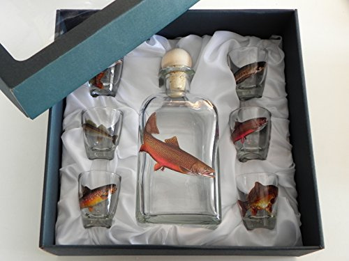 7-teiliges Schnaps Gläser Set mit Fisch Motive + Karaffe mit LACHS