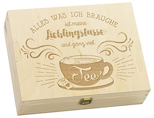 LAUBLUST Große Teebox mit Gravur - ca. 29x22x8 cm | 12 Fächer - Teekiste mit Schnappverschluss - Teebeutelspender aus Holz | Geschenk für Teeliebhaber (Natur, Lieblingstasse)