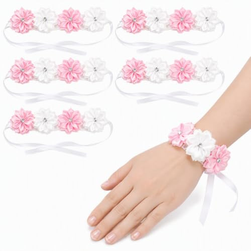 Mumusuki 6Pcs Handgelenk Corsage Armband Schöne Braut Brautjungfern Simulation Band Handgelenk Blume Hochzeit Dekoration Zubehör(Pink + Weiß)