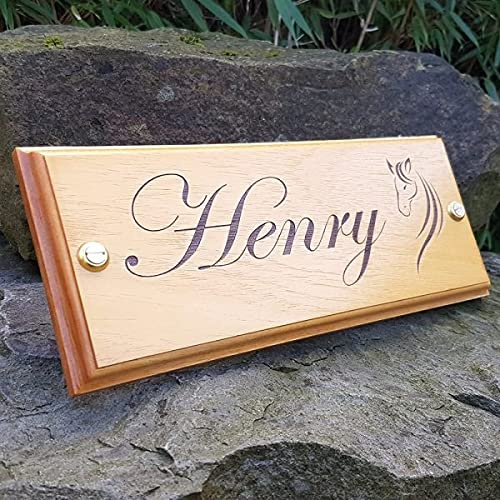 Horse Name Plate Stable Door Plaque (Edwardian Font Horse Head Logo) Custom Made To Your Horses Name 300mm x 120mm x 18mm