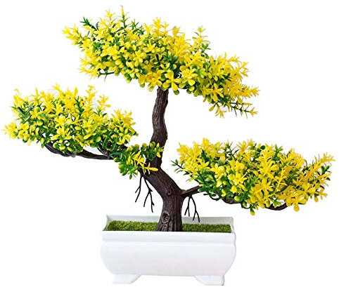 Artificial Flower Pine Tree Plant in Pot Faux Bonsai Flower with Vase Potted Fake Plants Artificial Plastic Plants for Wedding Party Garden Home Office Desk Room Decoration Indoor Outdoor Yellow