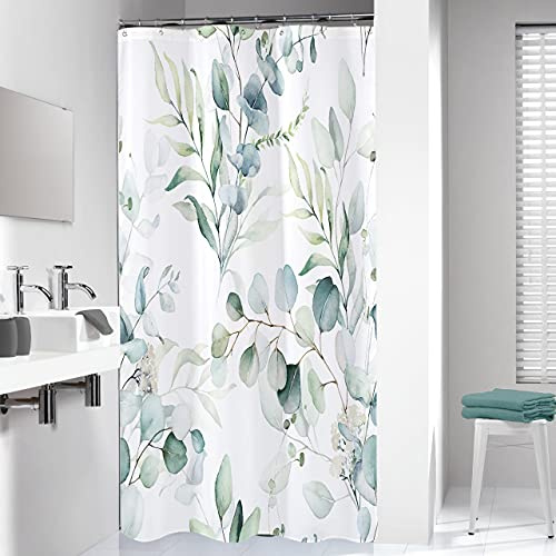 Miyotaa Duschvorhang-Set mit halbem Wasserfarben-Grün, 91 x 180 cm (B x H), Eukalyptusblätter, schmal, frische Sommerpflanzen, Botanischer Salbei, wasserdichter Stoff, Badezimmer-Vorhang mit 12 Haken