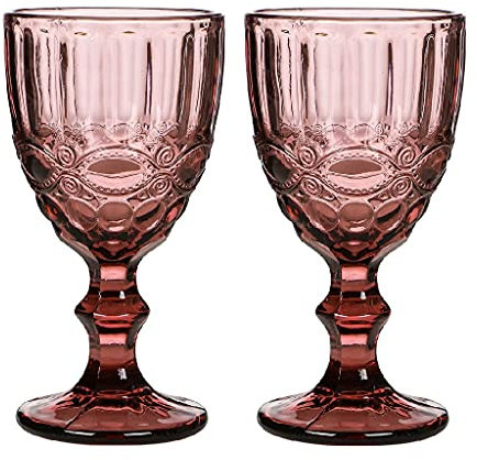 Wine Glass Set of 2 Pink Baroque Embossed 300ml Drink Goblets Alfresco Dining Glassware