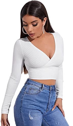 MEAR Women's Knitted Crop T-Shirt Crop Tops Unique Slim Fit Cross Wrap Deep V Neck Long Sleeve Pullover Cropped Tops Long Sleeve Shirt (White, S-M)