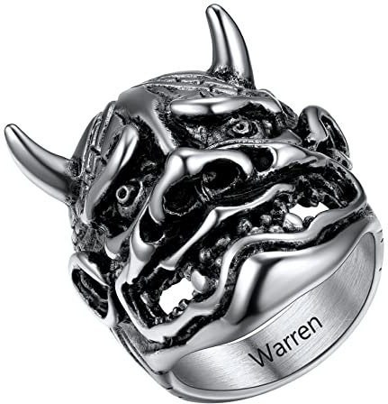U7 Edelstahl Personalisierter Fingerring - Japanische Dämon Prajna Maske Vintage Gotik Großer Samurai Statement Ring - Street Style Modeschmuck für Männer (Größe 67)