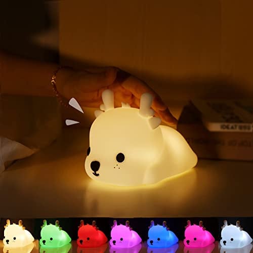 SAMLAK Hirsch Elch Nachtlicht Baby, Led Silicon Nachtttischlampe mit 7 Lichtwechsel und Tap Control USB Silicon Schlaflichter für Mädchen Jungen Kinderzimmer Deko Halloween Weihnachten Geschenke