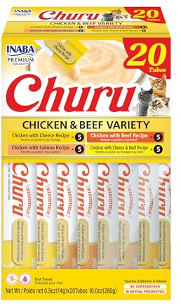 INABA Churu Cat Treats, Lickable, Squeezable Creamy Purée Cat Treat with Green Tea Extract & Taurine, 0.5 Ounces Each Tube, 20 Tubes, Chicken & Beef Variety Box
