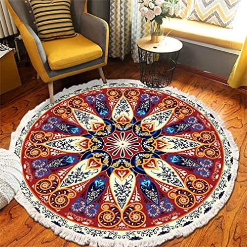 Tomifine Mandala Rund Teppich Quasten, Böhmen Handgewebte Baumwolle Teppiche für Schlafzimmer Wohnzimmer Hausdekor (120 cm,Orange Blau)