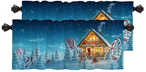 BaoNews Weihnachtsnacht-Szene, Küchenvolant für Fenster, Holzhaus, dekorative Lichter, Fichte, Verdunkelung, Vorhänge, mehrschichtig, Polyester, Vorhänge für Küche, Schlafzimmer, 2 Stück, 132 x 45 cm