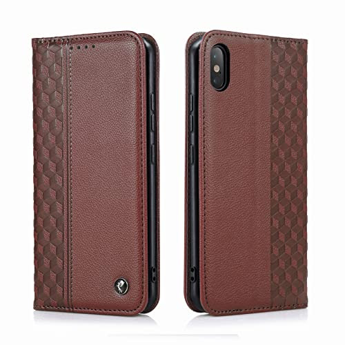 TOHULLE Case for iPhone X iPhone XS, Premium PU Leather Wallet Case Card Holder Kickstand Built-in Magnet Shockproof Plaid Pattern Flip Folio Phone Case Cover for iPhone X/XS - Brown