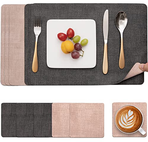Myir JUN Tischsets Abwaschbar Leder und Untersetzer, Doppelseitigen Platzset 6er Set rutschfest Platzdeckchen Leder Kunstleder Tischset (Grau Pink, 6er Set)