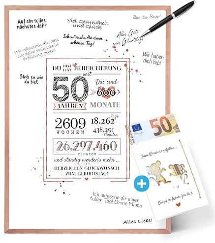 Darlena 50. Geburtstag Gästebuch Bilderrahmen | Geldgeschenk zum 50 Geburtstag (Frau & Mann) | Personalisiertes Geschenk mit Geburtstagskarte | Geburtstagsgeschenk, Gästebuch und Geburtstagsdeko