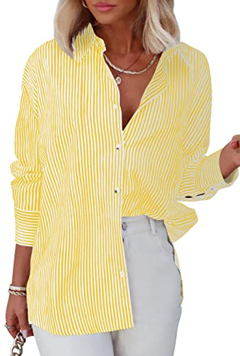 Homlan Chemisier à manches longues pour femme - Rayures - Style décontracté - Col en V - Chemise de travail ample - Boutonnière