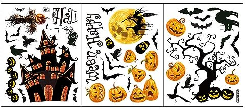 Vhger Halloween Fensterbilder, Halloween Dekoration, Halloween-Aufkleber, Fledermaus Schädel Kürbis Aufkleber, Fensterbilder Herbst wiederverwendbar, Halloween Party