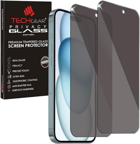TECHGEAR [2 Pack] Anti Spy Screen Protector for iPhone 15 - PRIVACY Filter GLASS Edition Genuine Tempered Glass Screen Protector Guard Cover Compatible with iPhone 15 6.1