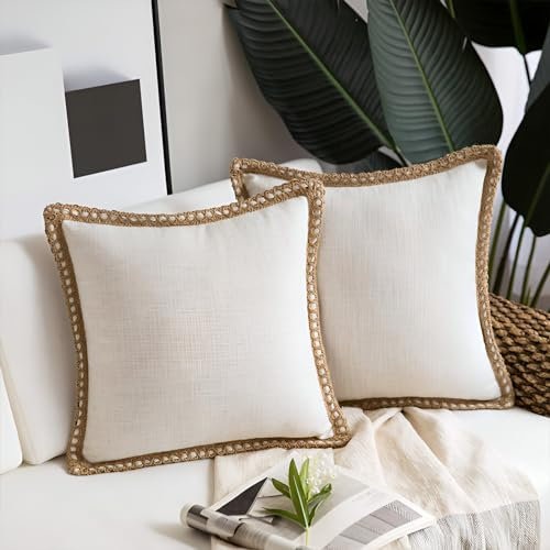2er Set Kissen mit Füllung (40x40cm Creme) Modell Cleo Leinenoptik mit Abschluss, als Sofakissen, Couchkissen Dekokissen Zierkissen, Premium Füllkissen inklusive, weich & angenehm, Doppelpack