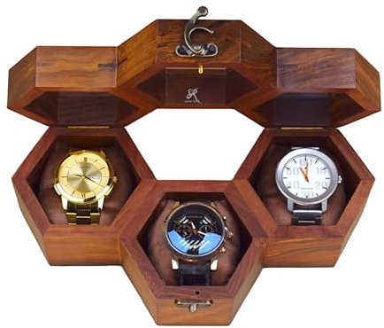 Royal Craft Expertise Luxuriöse Uhrenbox aus Holz mit Wabenstruktur für Herren – Uhrenschatulle aus dunklem Palisander mit Glasdeckel | Elegante Holz-Organizer-Box – Premium-Geschenk für Ihn