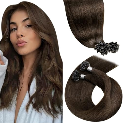 LaaVoo Extension Cheveux Naturel Keratine Marron 50 Mèche 50g Extension Cheveux Vrai Humain Keratine a Chaud Brun 35cm Courte Lisse #4