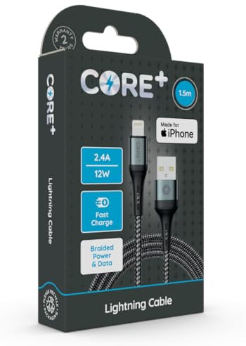 CORE + | MFI CERTIFIED 1.5M 8-Pin to USB A Cable 2.4A 12W | Fast Charging |