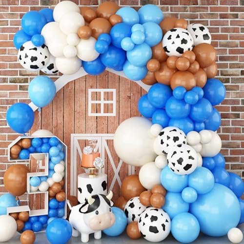 126 Stück Blau Braun und Kuh Luftballon Girlande Set, Ballongirlande Staubig Blau Nude und Dunkel Braun, Cow Ballons für Jungen Baby Shower Geburtstag Bauernhof Western Cowboy Motto Party Deko