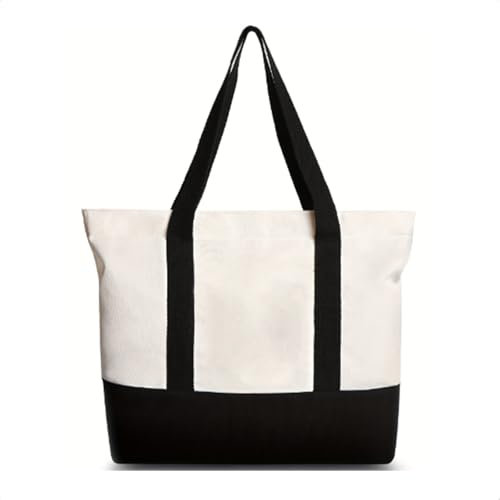 Greentique Bolso tote de lona con cremallera y bolsillos, bolsa grande resistente de lona gruesa, lavable y reutilizable, ideal para compras, playa o uso diario, bolso de hombro para mujer