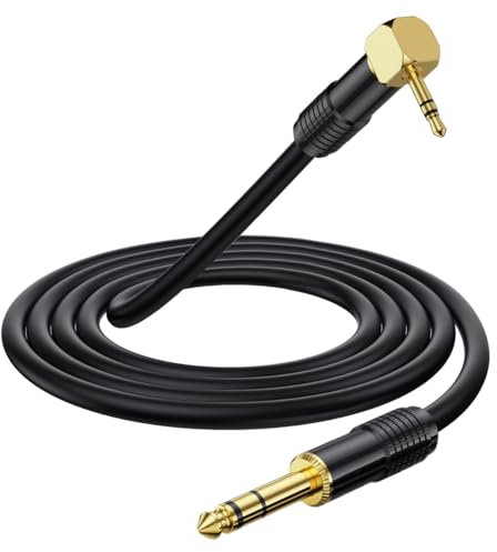 HTGuoji Right Angle 90Degree 3.5mm to 6.35mm Audio Cable, Gold 6.35mm 1/4 Inch Jack Male TRS Stereo To 3.5mm 1/8 Male TRS Audio Cable Adapter for Laptop, Home Theater Devices, Cellphone (1.8 Meter)