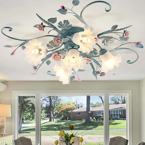 LDIEUWUET Deckenlampe Vintage Deckenleuchte Retro 5 Flammig, Rose Deckenleuchten für Kinder Wohnbereich Schlafzimmer Esstischlampe Rustikal Stil (Blau)