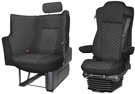 Generisch Öko-Leder LKW Sitzbezüge/Schonbezüge Passend Für Actros SOLOSTAR MP4, MP5, Schwarz mit Weiss Nähten