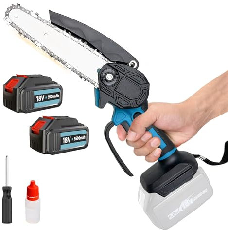 Mini Kettensäge mit Akku, 6 Zoll Akku Kettensäge mit 2 Akkus(5500mAh) und 2 Ketten, Sicherheitsverriegelung, Handsäge elektrisch für Gartenscheren Astschere Holzschneidenz