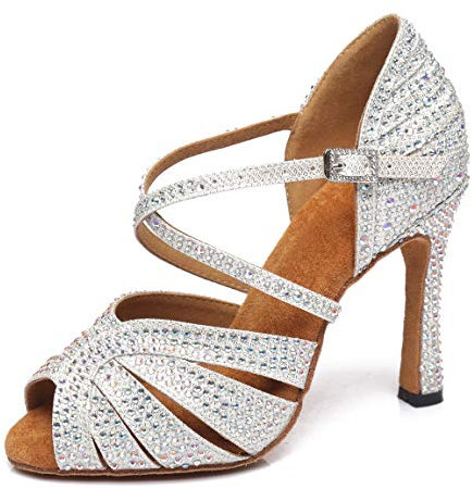 MINITOO Damen Standard Latein Tanzschuhe Sexy Hochzeit Prom Sandals Schuhe L422 Silber 10cm Absatz EU 38