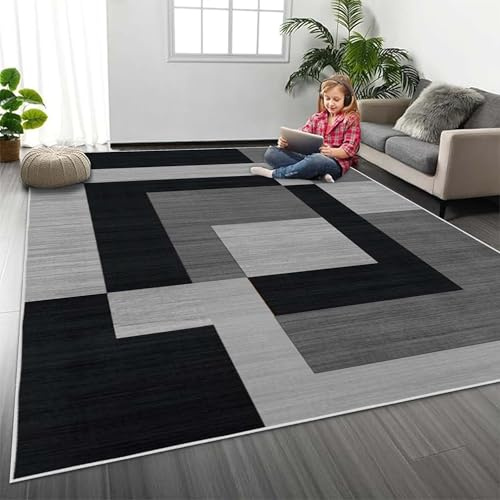 MOONLIGHT20015 Rugs Living Room Large 160x230 cm – Geometric Style Grey Area Rugs for Bedroom – Non Slip Modern Printed Carpet For Lounge Dining Room, Milo Black & Grey