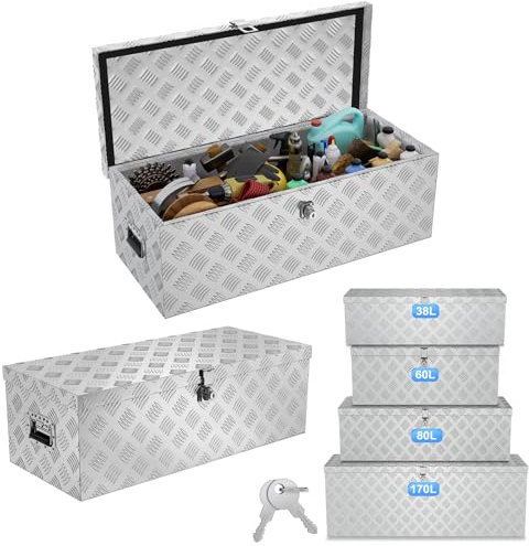 ACXIN Scatola portaoggetti in alluminio, 762 x 330 x 244 mm, cassetta degli attrezzi in alluminio con serratura e 2 chiavi, robusta scatola con timone bloccabile per il rimorchio, stabile e