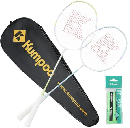 KUMPOO Badmintonschläger-Set mit 2 Carbon-Schaft-Schlägern, Griffbändern, 1 Tragetasche, 3U-87g Professioneller Badmintonschläger Leicht für Anfänger Outdoor-Spiele, E30 Blau+Grün
