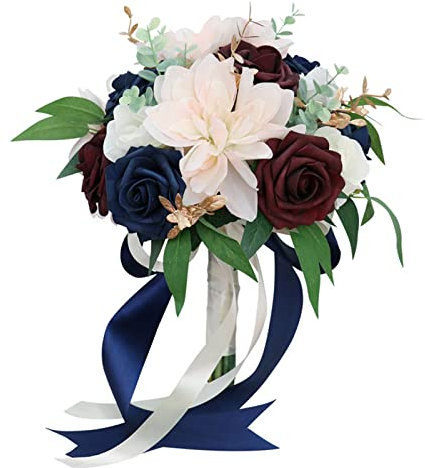 SEAYACK Fiori artificiali Bouquet di rose finte rose blu con foglie verdi bouquet da sposa per casa giardino