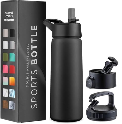 750ml Stainless Steel Insulated Water Bottle - Triple Walled, Leakproof - 3 Lids (Straw, Flip Top, Wide Mouth) - Keeps Drinks Hot 12H/Cold 24H - Gym, Travel, Hiking, School (Inky Raven Black)