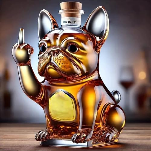 Bouteille d'alcool, Verre a Whisky, Bouteille de Whisky en Forme de Bouledogue Français Drôle Montrant Son Majeur pouces Carcane en verre Transparent pour le vin, la tequila, le caraftre vin (C)